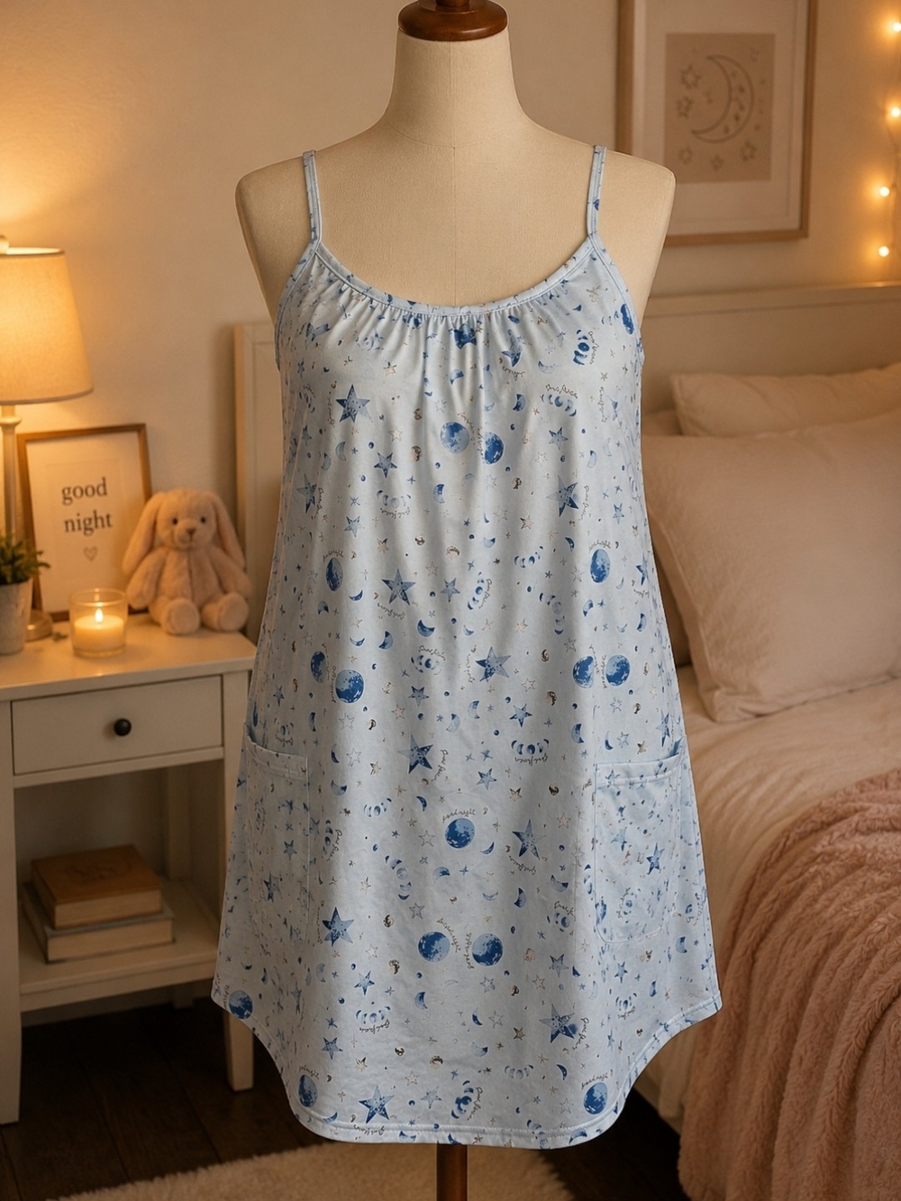 Blue Moon & Star Print Cotton Sleep Chemise with Pockets